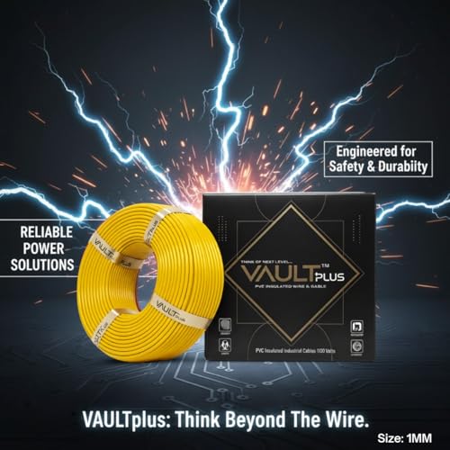 Image of VAULTPlus Yellow 1mm CCA Copper Electrical Wire | 90 Meter Long Roll | PVC Insulated Cable for Home, Commercial & Industrial Internal Wiring
