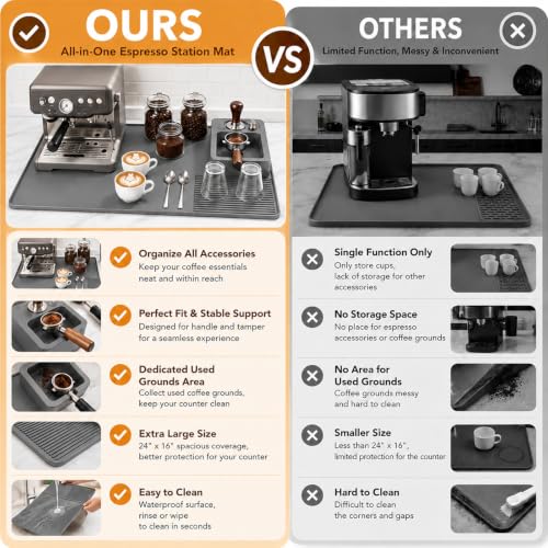 Image of Silicone Coffee Mat and Espresso Tamping Mat, Detachable Espresso Mat Accessories, Coffee Bar Mat Suitable for Use Under coffee Maker, Dish Drying Mat for Kitchen Countertop Protector, Gray