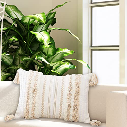 Funda Cojin Boho 30cmx50cm Cojín Cubierta Funda de Cojin, Funda Cojin Borlas con Borlas Geométricas de Punto,Protectores Cojines Decorativa para Sofá y Cama, Beige, Algodón (30×50cm, Blanco) Cover