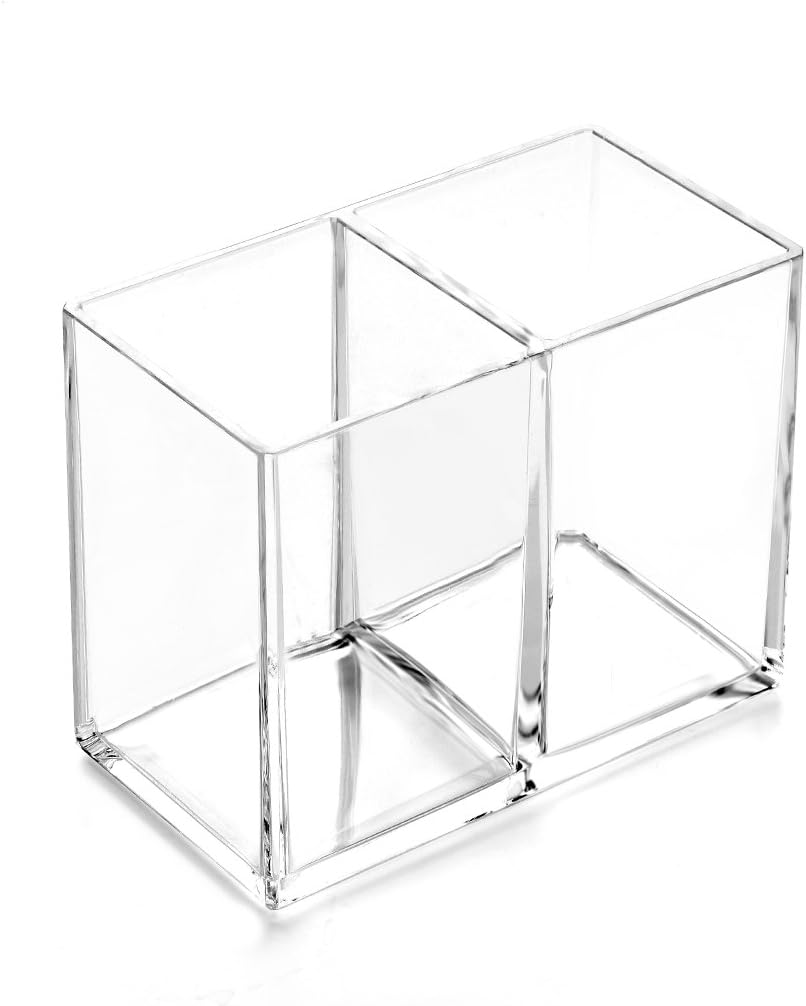 HanLingGG Clear Acrylic Makeup Brush Holder Pen Pencil Cup Holder Cosmetic Storage Case Desktop Stationery Organizer with 2 Compartments for Home Office and School