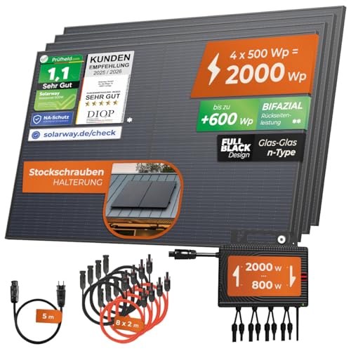 Solarway® Balkonkraftwerk 2000W komplett Steckdose - neuester 2000W Wechselrichter - Solaranlage Komplettset - 500W Solarmodule & Envertech & Zubehör