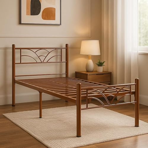 Image of Zyra Metal Extra Single Size Bed Without Storage | Wrought Iron Single Bed with Headboard & Footboard| Sturdy Powder Coated Platform Cot for Bedroom (Zyra Brown)