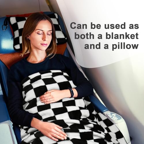 Travel Blanket and Pillow Compact, Premium Soft 2 in 1 Airplane Blanket with Soft Bag Pillowcase,Hand Luggage Sleeve and Backpack Clip (Checkered Black) - Image 7