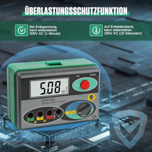 Digitaler Erdungswiderstandsprüfer 0~2000Ω Erdwiderstandstester, Datenspeicher, Erinnerung an schwache Batterie Ohm Real Megohmmeter Earth Resistance Meter