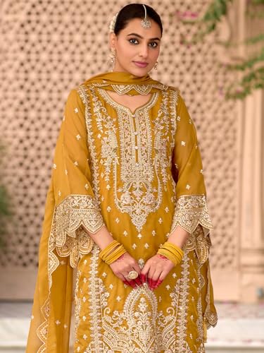 Image of INDO ERA Women's Organza Embroidered Straight Kurta and Pant with Dupatta Set (IEOUT10606)
