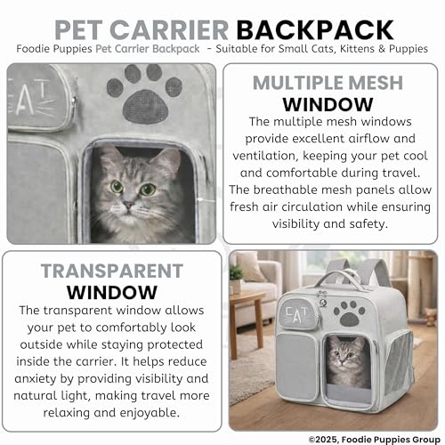 Image of Foodie Puppies Pet Carrier Backpack for Cats & Kittens (PawView) (46 x 40 x 23 cm) I Airline Approved with 2 Storage Pockets & 3 Mesh Breathable Windows | Soft-Sided Foldable Ventilated Bag for Travel