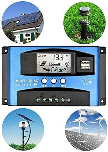 Collage of images showing various applications of the solar charge controller, including solar panels on a house, a solar garden light, a solar street light, and wind turbines with solar panels.