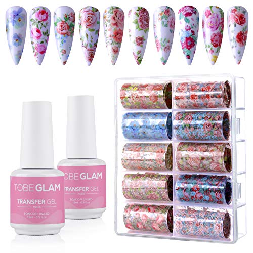 TOBEGLAM 10 Diseños de Flora Nail Art Foil Sticker con 2 x 15ML Gel de Transferencia, Pegatina Calcomanías Uñas Transferencia Foils Transfer Herramienta para Decoración de Uñas Manicura DIY Cover