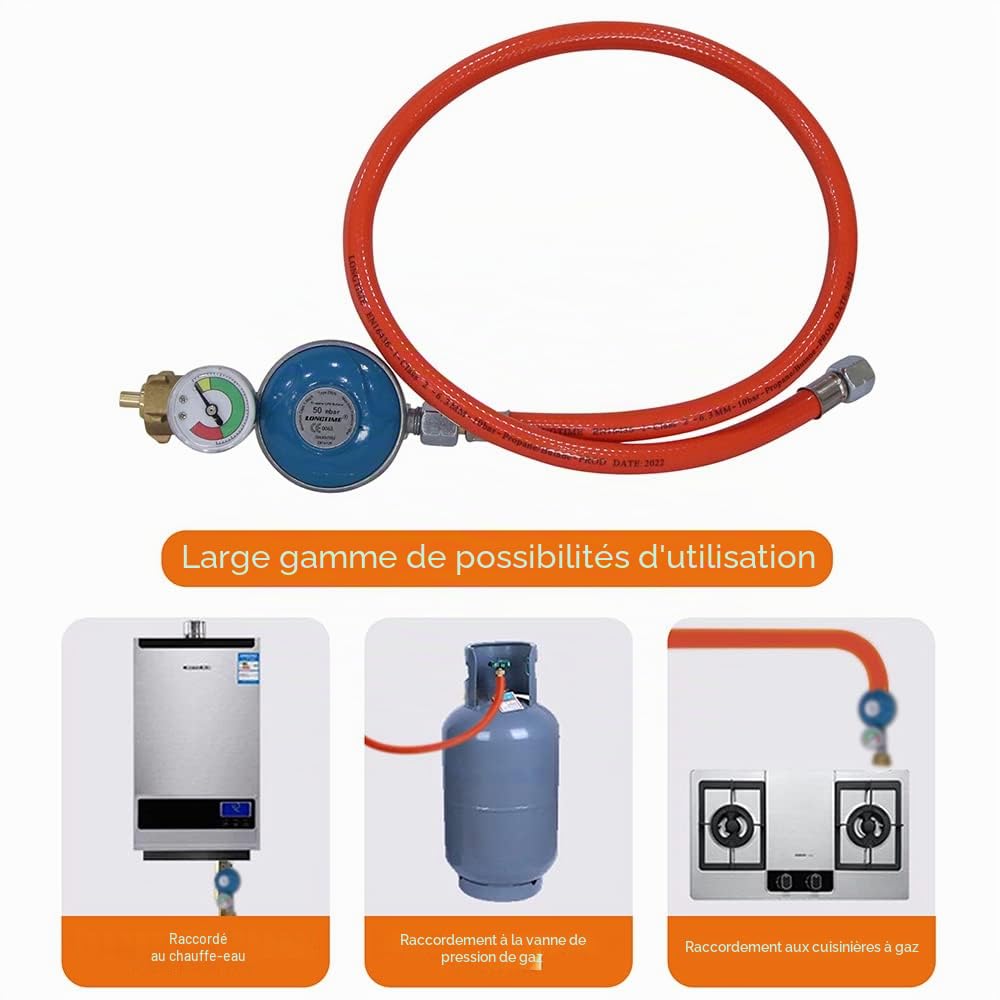 Melko Tuyau à gaz + réducteur de pression avec manomètre - Régulateur de gaz - 80 cm - Régulateur de gaz propane butane - Tuyau de transfert de gaz - Pour barbecue à gaz - Acier de chauffage - Réchaud