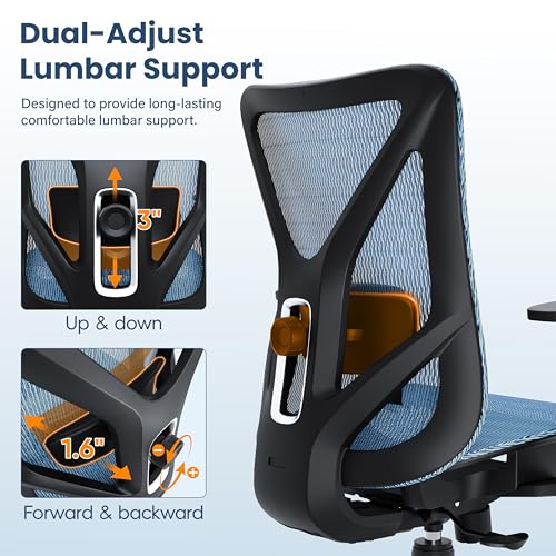 Image of Ergonomic Office Chair, Mesh Computer Desk Chairs with BIFMA X5.1 Certified, Adjustable Lumbar Support, 3D Arm, Tilt Back, Wide Seat, Comfy Swivel Work Task Chair for Company and Home (Azure Blue)