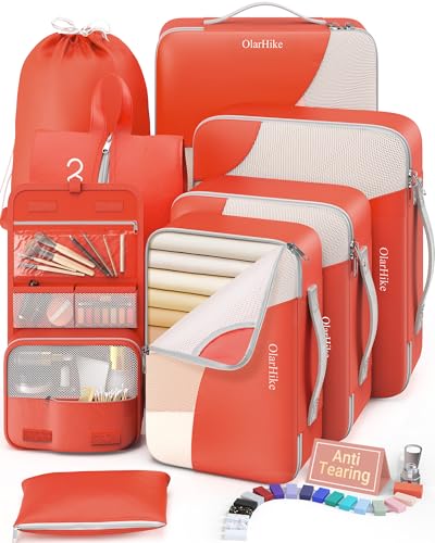 Image of 8 Set Packing Cubes for Travel, Gifts for Women Mom,Anti-Tearing Suitcase Organizer for Luggage with Shoe & Hanging Toiletry Bag,OlarHike Vacation Essentials & Accessories for Cruise Ship,Orange