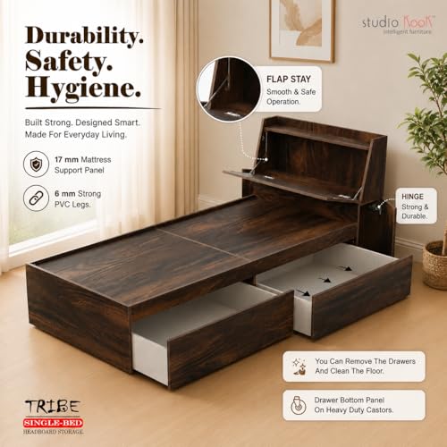Image of Studio Kook Tribe Right Single Bed with Headboard Storage & 2 Drawers | Engineered Wood Bed | Fits 78 x 36 inch Mattress | Junglewood | Mattress Not Included