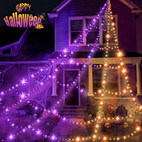 Halloween Decorations Outdoor Spider Web Lights - 550 LEDs Purple and Orange Remote Control Timer...