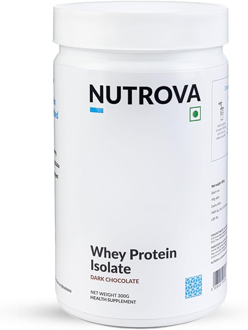 Nutrova Whey Protein Isolate Dark Chocolate (300g) with 24g Protein Every 30g Scoop & 5.5g BCAAs | Protein Powder for Men & Women with no Artificial Sweeteners or Added Sugars | Easy to Digest