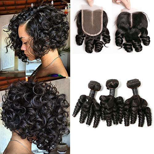 SingleBest Human Hair 3 Bundles With Closure 8A Brazilian Virgin Hair Weave with 4x4 Middle Part Lace Closure Natural Color (8 8 8+8inch, Funmi Curl)