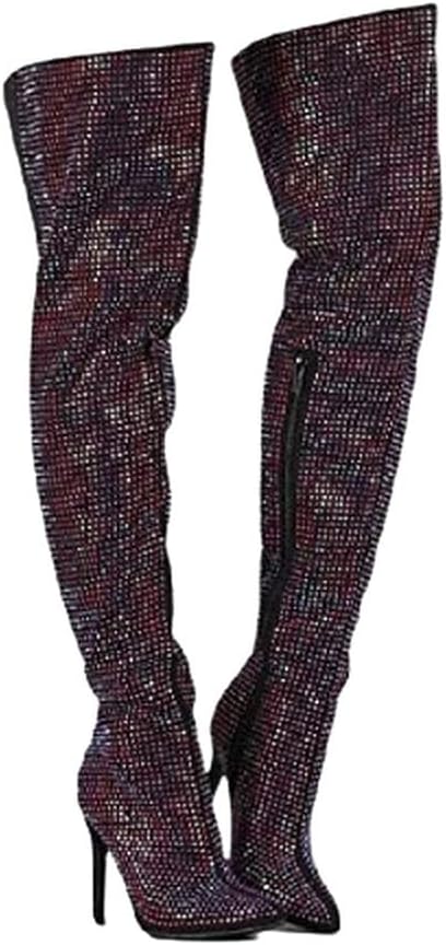 Anne Michelle Women's All Over Diamond Rhinestone Stripe Front Slouchy Thigh High Stiletto Boots