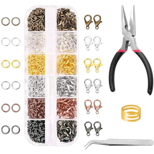 Kettenverschluss Verschlüsse für Armbänder, 120 Stück Karabinerverschluss und 900 Stück Biegeringe mit Schmuckzange Pinzette Sprungringöffner für Schmuckhandwer DIY und Reparatur Kit