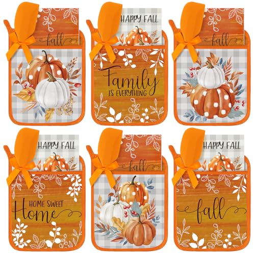 Layhit 18 Pcs Pot Holders with Silicone Spatulas Funny Baking Theme Pot Holders Gift Resistant Oven Mitts Cooking Pocket Potholders(Fall)(Fall)