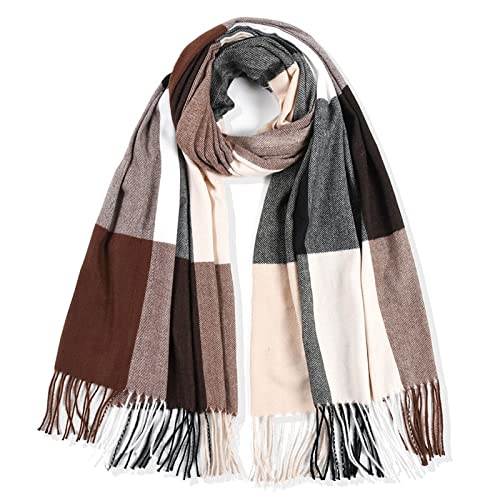 YOLAI Women's Tassel Plaid Scarf Thick Warm Shawl Winter Thermal Scarves (Coffee, One Size)2
