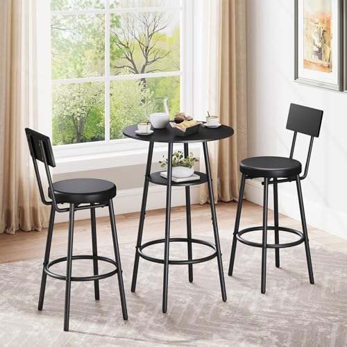 Kiivakii 3 Pieces Round Bar Table Set, Pub Table and Chairs Set of 2, Black Kitchen Bar Table with 2 Cushion Bar Stools & Backrest, Hidden Storage Rack for Dining Room, Bistro & Small Space, Black