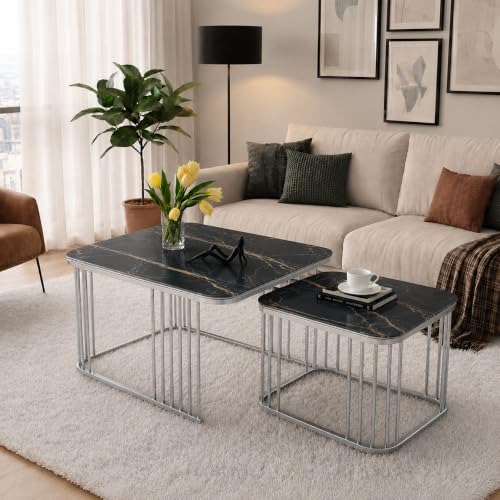 Image of Brown Art SHOPPEE Square Coffee Table Home Decor Furniture Coffee Table Sets,2 Piece MDF Top,Stacking Nesting Table with Iron Frame for Living Room Living Room or Lounge (Silver Black)