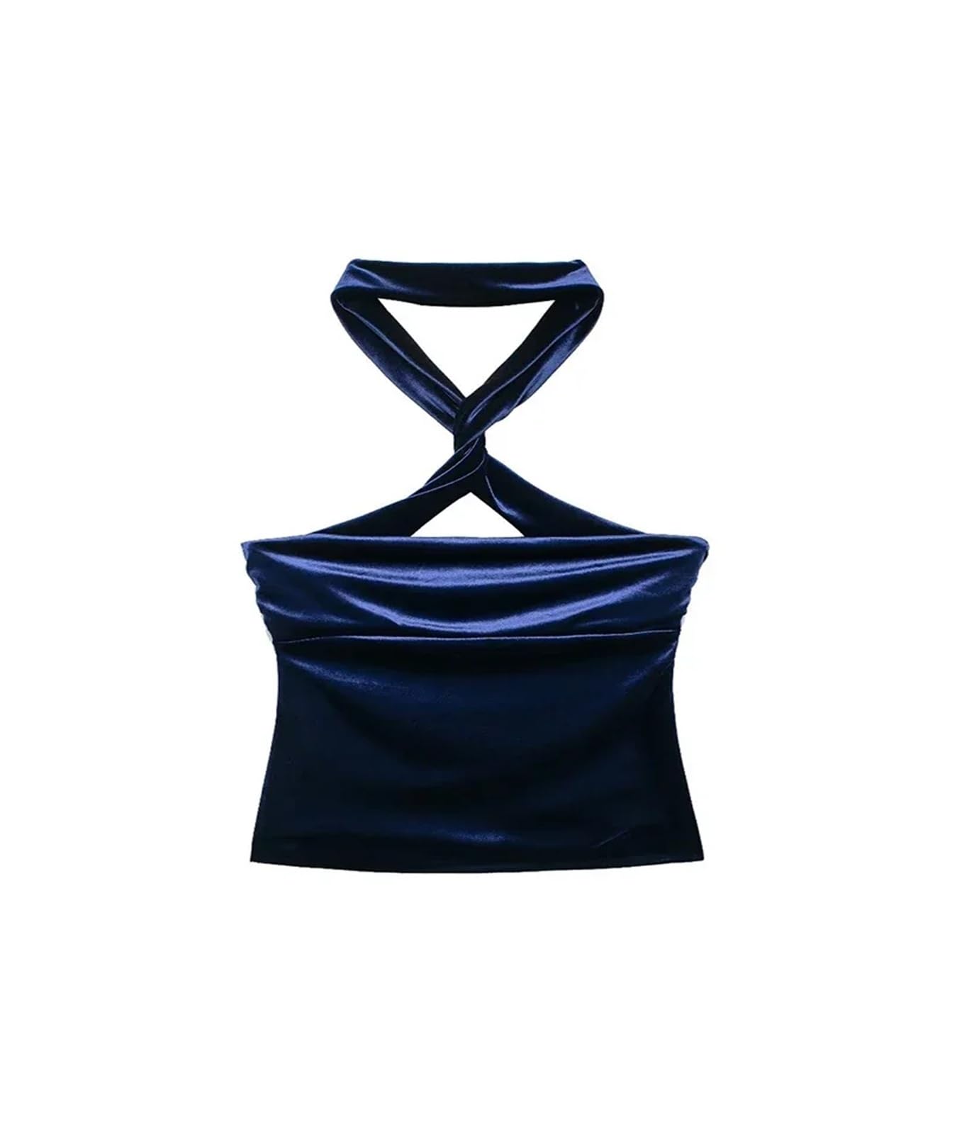 Femmes Bleu Plissé Dos Nu Côté Zipper Tops Vintage Halter Neck Sans Manches Femme Top, bleu, M
