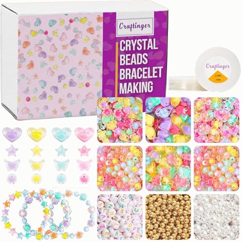 Image of Craftinger 500 Acrylic Transparent & Pearl, Gold, alphabet Beads | for Jewellery Making Kit, Colorful Beads Set for Kids with Elastic Strin DIY Craft Bracelet Necklace Making, Activity Games for Girls Age 6-12 Years Old, Set for Adults,for Artists Children