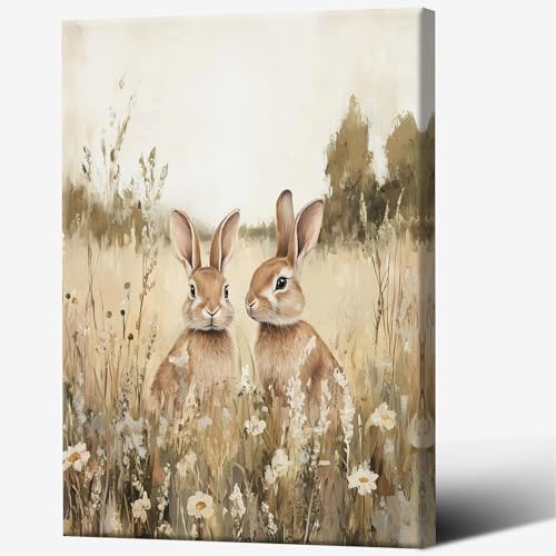 Adorable Double Rabbit And Flowers Posters Vintage Neutral Woodland Animal
