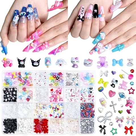 Briskbloom Mix Assorted 3D Nail Charms Kawaii Kitty Bowknot Lollipop Bear Planet Cross Nail Charm Supplies with Rhinestones Pearls Cartoon Nail Gems for Nail Design DIY Crafts Accessories Cover