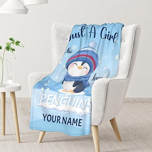 Custom Penguin Blankets with Name - Soft Warm Blanket Throw for Kids, Adults - 30"x40" Small Blankets for Couch, Work - Blue Cute Blanket Gifts