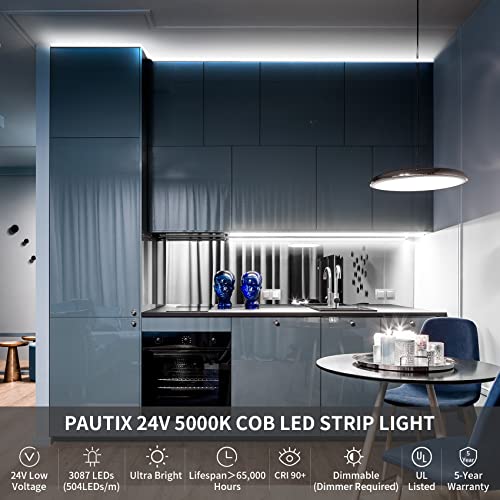 Pautix Cob Led Strip Lights White 5000K, 20Ft/6.1M Super Bright Cri90+ Flexible Led Tape,Dc24V For Cabinet Home Diy Lighting Projects With 1Pcs Solderless Extension Wire(Power Supply Not Included) #TOP2
