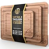 Deer & Oak Set Taglieri da Cucina in Bambù 3 Pezzi – Tagliere Legno con Scanalature e Manici – Tagliere Cucina Pre-Oliato – 33x24, 28x20, 22x15cm