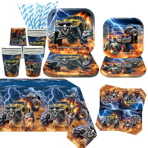 Obussgar Monster Truck Party Decoration - Monster Truck Birthday Party Tableware Supplies Includes Plates, Cups, Napkins, Tablecloth, Straws - Serves 20