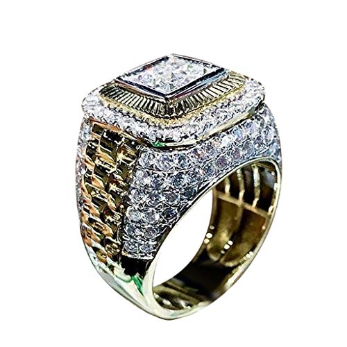 Big Bling Bling Hip Hop Iced Out Luxury Oversize Men's Ring Cluster Micropave Mens Bling Ring Luxury Sapphire Diamond Engagement Band Crystal Rings (Gold, 12)