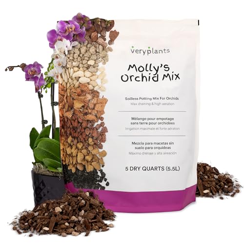 Molly's Orchid Potting Mix - Premium Gritty Soilless Orchid Mix - Chunky High Drainage vs Standard Potting Soil for Indoor Plants - Contains Bark, Coco Chips, Akadama, Pumice, Lava Rock 5 Dry Quarts
