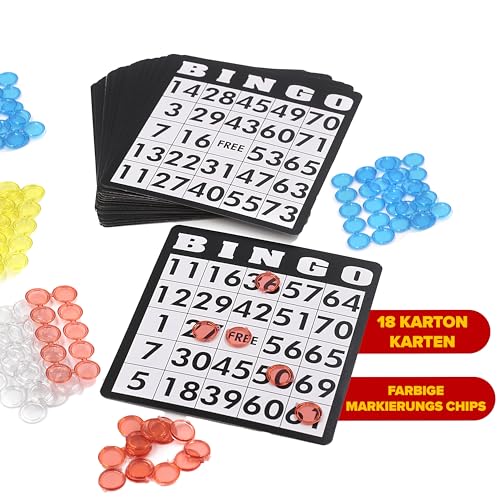 Kyto Bingo Spiel Metalltrommel 18 Bingotickets 75 Bingo Kugeln 150 Chips Spielbrett schwarz Erwachsene Kinder Basic