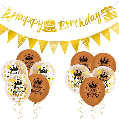ADXCO Lot de 12 fanions de fanions dorés avec fanions dorés « Happy Birthday », bannière triangulaire et ballons confettis en latex pour décoration de fête Cover