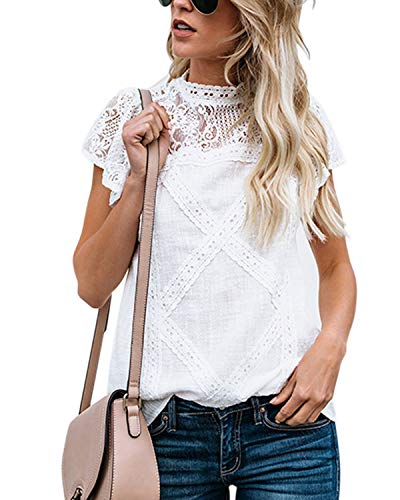 Yidarton Tee-Shirt Femme en Dentelle Col Rond Manche Courtes Blouse Eté Casual Élégant Top (Blanc, X-Large)