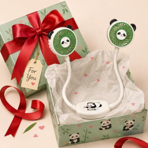 Image of DEOXY Panda Design Neck Fan, Dual Head Hands-Free Wearable Fan, USB Rechargeable, White and Green, Women, Men, Kids