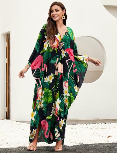 Image of MAKABO Kaftan Dresses for Women, V Neck Moo Moos Colorful Print Cover Ups Caftan Beach Dresses for Swimwear