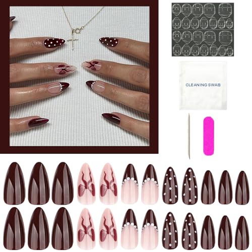 Image of Secret Lives Acrylic Press on Nails Reusable Artificial Designer Fake Nails Extension Brown White dot 24 Pieces Set with Kit