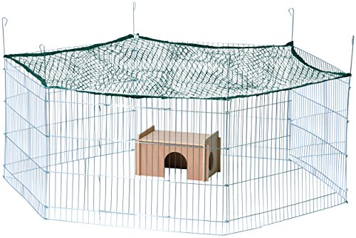 dobar® 80592 6-eckiges Freigehege mit Schutznetz - verzinkter Auslauf für Nagetiere - Wetterfestes Kaninchengehege mit Nagerhaus - 165 x 145 x 60 cm - Silber
