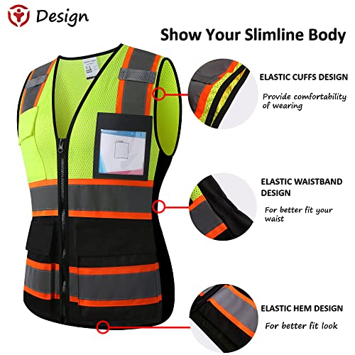 Image of Safety Vest for Men Women Reflective Construction Vest Hi Vis ANSI Standard | ANSI Standard, 8 utility Pockets 4 Reflective Strips with Neon trim High Visibilty Breathable Mesh Safety Apparel for Work