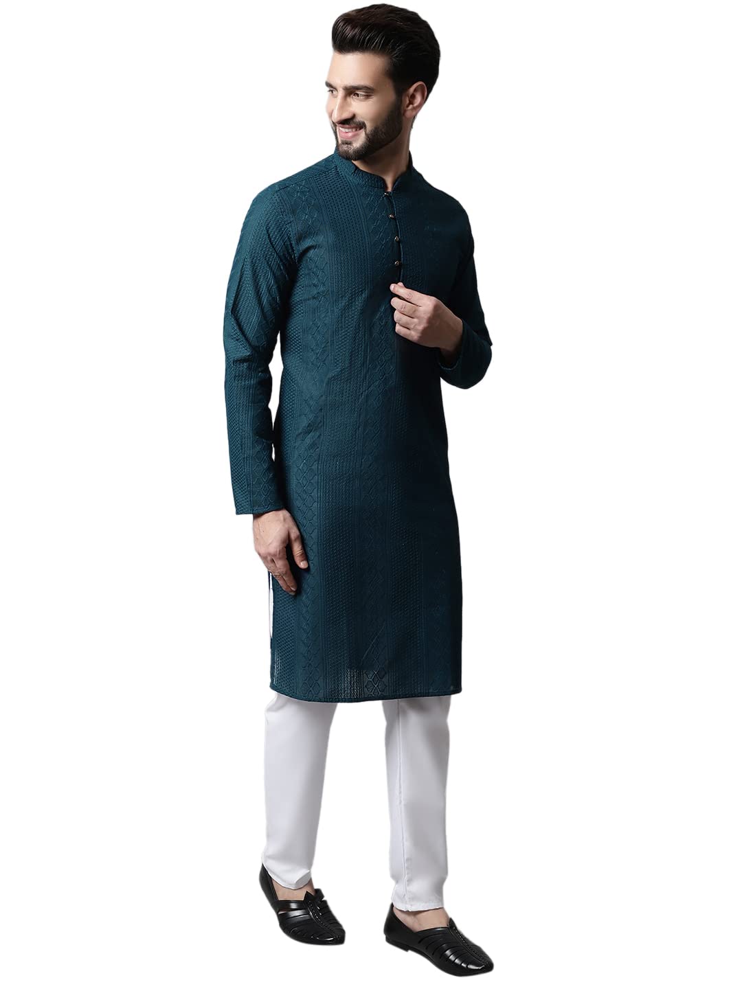 Jompers Men Teal Blue Embroidered Pure Cotton Kurta With Pyjamas (Teal, L)