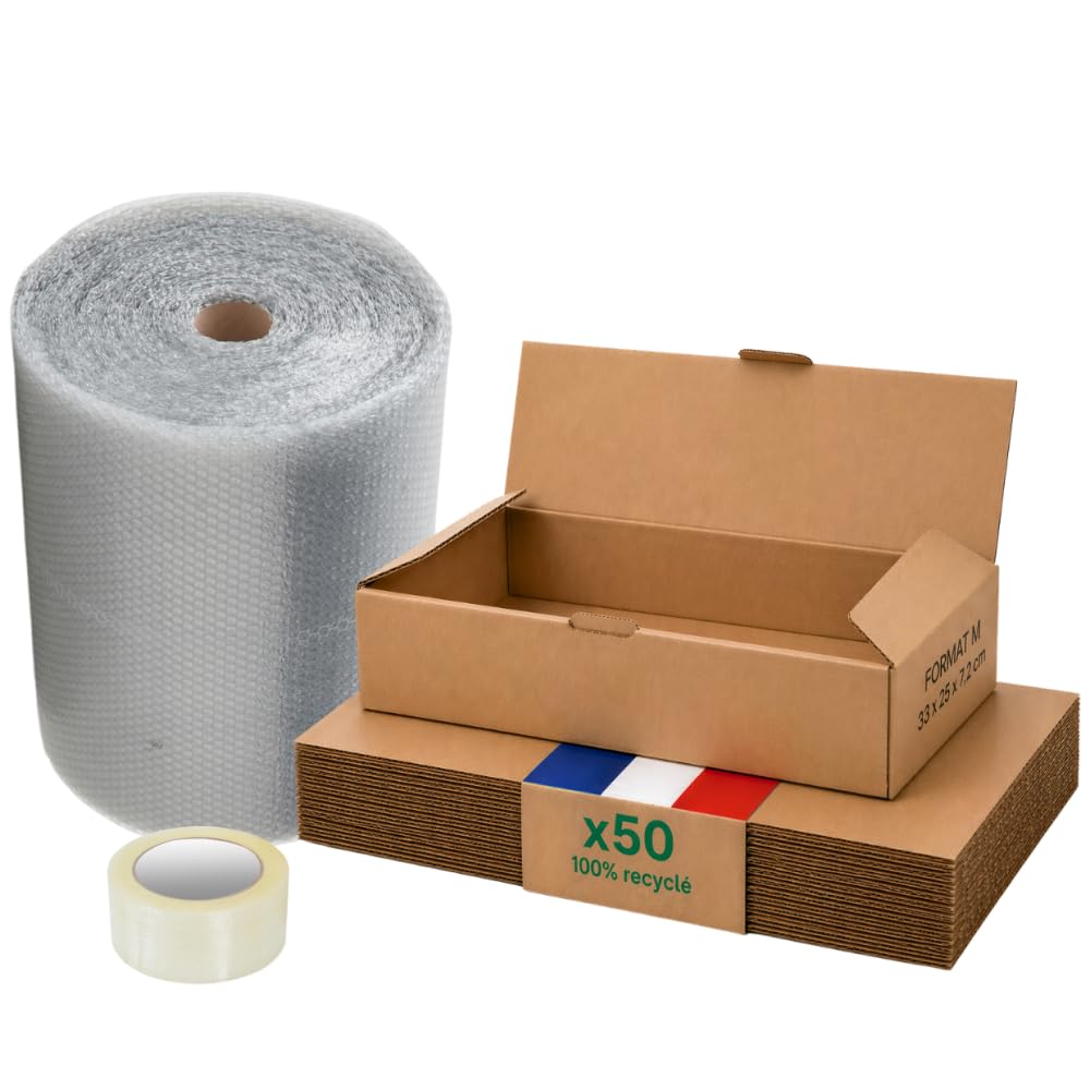 Opakowanie kartonowe M - zestaw 50 + folia bąbelkowa + klej, 33 x 25 x 7 cm, wzmocniona, odzież, akcesoria, dokumenty A4, Life Pack