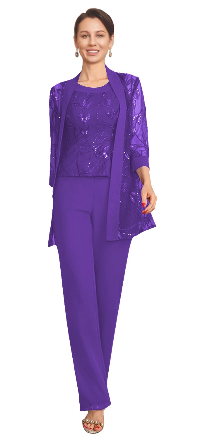 Mother of the Bride Pantsuits for Women Laces Sequins Scoop Neck Chiffon 3 Pieces Grandmother of Groom Jumpsuit