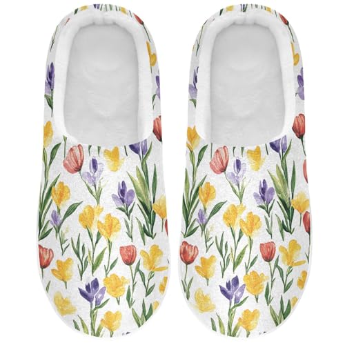JUNZAN Spring Flowers Tulips Iris White Women Home Cotton Slippers Washable Memory Foam Mens Slippers for Hospital Funny Presents 6-7