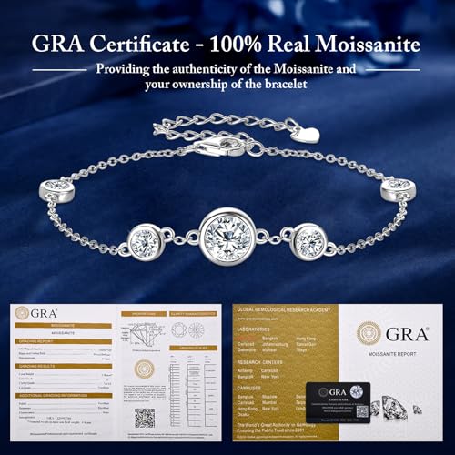 WOAINI Adjustable Sterling Silver Bracelet with 4 or 5 Moissanite Pendants Bezel-Setting, Moissanite bracelets Diamond-Alternative Gift for Women, 6.5"+2", Gold-Plated4