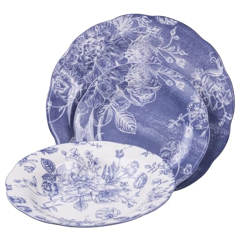 Servizio piatti 18 pezzi in porcellana, 6 posti tavola, decoro floreale, lilla, Fleurette