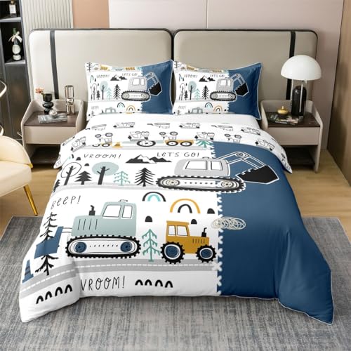 Erosebridal Pure Cotton Reversible Construction Full Size Bedding,Cartoon Truck Duvet Cover Comforter Set for Boys Excavator Vehicle Bedding,Kawaii Comfy Cozy Room Decor Blue